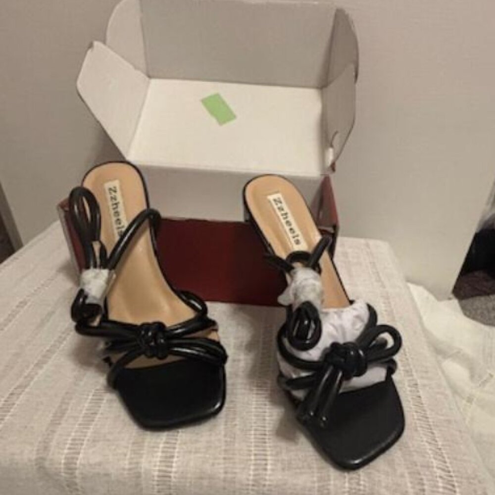 Zzheels Women's Square Toe Sandals Bow knot High Heels Strappy Bow, Black Size